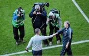 1 June 2013; Dublin manager Jim Gavin, left, and Westmeath manager Pat Flanagan exchange a handshake after the game. Leinster GAA Football Senior Championship, Quarter-Final, Dublin v Westmeath, Croke Park, Dublin. Picture credit: Diarmuid Greene / SPORTSFILE