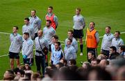 1 June 2013; Dublin manager Jim Gavin, second from right, selectors, backroom staff and substitutes stand for the playing of the National Anthem. Leinster GAA Football Senior Championship Quarter-Final, Dublin v Westmeath, Croke Park, Dublin. Picture credit: Ray McManus / SPORTSFILE