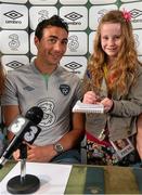 3 June 2013; Republic of Ireland player Stephen Kelly faced tough questions from Freya Watts, age 7, at Three's 'Kids Press Conference' ahead of the Republic of Ireland v Faroe Islands World Cup qualifier on Friday. To see Three's 'Kid Conference' video visit www.facebook.com/3Ireland. Portmarnock Hotel & Golf Links, Portmarnock, Co. Dublin. Picture credit: David Maher / SPORTSFILE