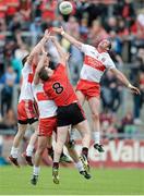 2 June 2013; Kalum King and Benny Coulter, Down, in action against Enda Lynn, Mark Lynch and Patsy Bradley, Derry. Ulster GAA Football Senior Championship, Quarter-Final, Derry v Down, Celtic Park, Derry. Picture credit: Oliver McVeigh / SPORTSFILE