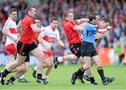 2 June 2013; James Kielt, Derry, in action against Brendan McArdle, Down, colliding with RefereeDavid Coldrick . Ulster GAA Football Senior Championship, Quarter-Final, Derry v Down, Celtic Park, Derry. Picture credit: Oliver McVeigh / SPORTSFILE