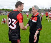 2 June 2013; Danny Hughes, Down, is congratulated by  Derry manager Brian McIver at the end of the game. Ulster GAA Football Senior Championship, Quarter-Final, Derry v Down, Celtic Park, Derry. Picture credit: Oliver McVeigh / SPORTSFILE
