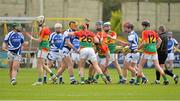 2 June 2013; Carlow and Laois players tussle during the game. Leinster GAA Hurling Senior Championship, Quarter-Final, Laois v Carlow, O'Moore Park, Portlaoise, Co. Laois. Picture credit: Matt Browne / SPORTSFILE
