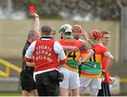 2 June 2013; Carlow's Shane Kavanagh,11, is sent off by referee Johnny Ryan. Leinster GAA Hurling Senior Championship, Quarter-Final, Laois v Carlow, O'Moore Park, Portlaoise, Co. Laois. Picture credit: Matt Browne / SPORTSFILE