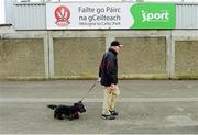 2 June 2013; Down supporter Liam O'Reilly from Warrenpoint, Co Down, along with his dog &quot;jet&quot; out for a walk at Celtic Park  before the game. Ulster GAA Football Senior Championship, Quarter-Final, Derry v Down, Celtic Park, Derry. Picture credit: Oliver McVeigh / SPORTSFILE