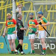 2 June 2013; Carlow goalkeeper Frank Foley is shown a yellow card by referee Johnny Ryan during the game. Leinster GAA Hurling Senior Championship, Quarter-Final, Laois v Carlow, O'Moore Park, Portlaoise, Co. Laois. Picture credit: Matt Browne / SPORTSFILE