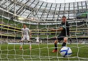 2 June 2013; Robbie Keane, Republic of Ireland, scores his side's third goal. Three International Friendly, Republic of Ireland v Georgia, Aviva Stadium, Lansdowne Road, Dublin. Picture credit: David Maher / SPORTSFILE
