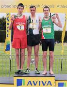 1 June 2013; Winner of the Inter Boys 1500m Steeplechase event, centre, Padraig Lennon, St. Davids, Greystones, Co. Wicklow, left, third place, Tadgh McGinty, Scoil Muire agus Padraig, Swinford, Co. Mayo and right, second place,  Damien O' Boyle, Calasanctius College, Oranmore, Co. Galway. The Aviva Irish Schools Track and Field Championships 2013. Tullamore Harriers, Tullamore, Co. Offaly. Picture credit:Tomás Greally / SPORTSFILE