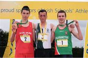 1 June 2013; Winner of the Inter Boys 1500m Steeplechase event, centre, Padraig Lennon, St. Davids, Greystones, Co. Wicklow, left, third place, Tadgh McGinty, Scoil Muire agus Padraig, Swinford, Co. Mayo and right, second place,  Damien O' Boyle, Calasanctius College, Oranmore, Co. Galway. The Aviva Irish Schools Track and Field Championships 2013. Tullamore Harriers, Tullamore, Co. Offaly. Picture credit:Tomás Greally / SPORTSFILE