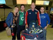3 June 2013; Paul O'Connell, British & Irish Lions, poses for a photograph with, from left, Shiela O'Connell, from Mourneabbey, Cork, Paudie Collins, from Freemount, Cork, and David McCarthy, Kanturk, Cork, at Perth International Airport upon the squad's arrival in Australia for the British & Irish Lions Tour 2013. Perth International Airport, Perth, Australia. Picture credit: Stephen McCarthy / SPORTSFILE