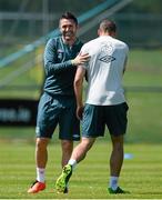 4 June 2013; Republic of Ireland's Robbie Keane and Jonathan Walters in action during squad training ahead of their 2014 FIFA World Cup qualifier against Faroe Islands on Friday. Republic of Ireland Squad Training, Gannon Park, Malahide, Co. Dublin. Picture credit: David Maher / SPORTSFILE