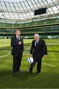 4 June 2013; Celtic manager Neil Lennon and Minister of State with responsibility for Tourism and Sport Michael Ring T.D. during a press conference to announce the Liverpool v Celtic, Dublin Decider match, which will take place in the Aviva Stadium on Saturday 10th August. Dublin Decider Press Conference, Aviva Stadium, Lansdowne Road, Dublin. Picture credit: Ray McManus / SPORTSFILE