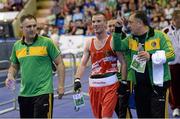 5 June 2013; John Joe Nevin, Ireland, with coaches Billy Walsh, left, and Zuar Antia, after beating Krisztian Nagy, Hungary, in their 56kg Bantamweight quarter-final bout. EUBC European Men's Boxing Championships 2013, Minsk, Belarus. Photo by Sportsfile