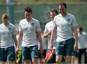 6 June 2013; Republic of Ireland's Sean St. Ledger, left, Simon Cox, and John O'Shea, after squad training ahead of their 2014 FIFA World Cup qualifier against Faroe Islands on Friday. Republic of Ireland Squad Training, Gannon Park, Malahide, Co. Dublin. Picture credit: Brian Lawless / SPORTSFILE