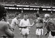 21 August 1977; Dublin captain Tony Hanahoe and Kerry captain Ger O'Keeffe shake hands in the company of referee Seamus Murray before the game. GAA Football All-Ireland Senior Championship Semi-Final, Dublin v Kerry, Croke Park, Dublin. Picture credit: Connolly Collection / SPORTSFILE