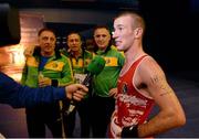 7 June 2013; John Joe Nevin, Ireland, is interviewed by RTÉ after beating Wladimir Nikitin, Russia, in their 56kg Bantamweight semi-final bout, as coaches, from left, Zaur Antia, Eddie Bolger and Billy Walsh look on. EUBC European Men's Boxing Championships 2013, Minsk, Belarus. Photo by Sportsfile
