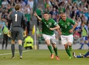 7 June 2013; Robbie Keane, Republic of Ireland, celebrates after scoring his side's second goal, with team-mate Jonathan Walters. 2014 FIFA World Cup Qualifier, Group C, Republic of Ireland v Faroe Islands, Aviva Stadium, Lansdowne Road, Dublin. Picture credit: Brian Lawless / SPORTSFILE