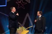 3 November 2017; Impressionist Aidan Tierney with MC Marty Morrissey during the PwC All Stars 2017 at the Convention Centre in Dublin. Photo by Brendan Moran/Sportsfile