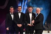 3 November 2017; Cork hurler Mark Coleman is presented with his PwC All Star award from Uachtarán Chumann Lúthchleas Gael Aogán Ó Fearghail, in the company of Feargal O'Rourke, left, Managing Partner, PwC, and David Collins, GPA President during the PwC All Stars 2017 at the Convention Centre in Dublin. Photo by Brendan Moran/Sportsfile