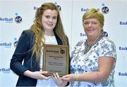 8 June 2013; Amy Murphy is presented with the AICC Under 14 Girl's Player of the Year award by Rovena Fahy, NABC. Basketball Ireland Annual Awards 2012/2013, National Basketball Arena, Tallaght, Dublin. Picture credit: Barry Cregg / SPORTSFILE