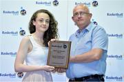 8 June 2013; Aoife Maguire, Virginia College, Co. Cavan, is presented with the Female U16 Schools Player of the Year award by Joe Shields, PPSC. Basketball Ireland Annual Awards 2012/2013, National Basketball Arena, Tallaght, Dublin. Picture credit: Barry Cregg / SPORTSFILE