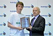 8 June 2013; Liam Harris, is presented with the Boy's U16 International Player of the Year award by Ger Tarrant, I.A.C. Basketball Ireland Annual Awards 2012/2013, National Basketball Arena, Tallaght, Dublin. Picture credit: Barry Cregg / SPORTSFILE