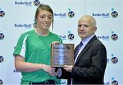 8 June 2013; Amy Waters, is presented with the Girl's U18 International Player of the Year award by Ger Tarrant, I.A.C. Basketball Ireland Annual Awards 2012/2013, National Basketball Arena, Tallaght, Dublin. Picture credit: Barry Cregg / SPORTSFILE