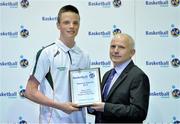 8 June 2013; Conor Quinn, is presented with the Boy's U18 International Player of the Year award by Ger Tarrant, I.A.C. Basketball Ireland Annual Awards 2012/2013, National Basketball Arena, Tallaght, Dublin. Picture credit: Barry Cregg / SPORTSFILE