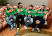8 June 2013; Ireland's John Joe Nevin, left, and Jason Quigley, second from left, who won gold medals in the 56kg Bantamweight and 75Kg Middleweight divisions respectively, alongside Paddy Barnes, right, and Michael Conlan who won silver medals in the 49Kg Light Flyweight and 52Kg Flyweight divisions respectively, relax in their team hotel. EUBC European Men's Boxing Championships 2013, Minsk, Belarus. Photo by Sportsfile