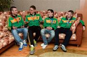 8 June 2013; Ireland's John Joe Nevin, left, and Jason Quigley, second from left, who won gold medals in the 56kg Bantamweight and 75Kg Middleweight divisions respectively, alongside Paddy Barnes, right, and Michael Conlan who won silver medals in the 49Kg Light Flyweight and 52Kg Flyweight divisions respectively, relax in their team hotel. EUBC European Men's Boxing Championships 2013, Minsk, Belarus. Photo by Sportsfile