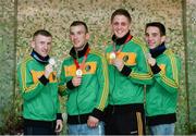 8 June 2013; Ireland's John Joe Nevin, second from left, and Jason Quigley, second from right, who won gold medals in the 56kg Bantamweight and 75Kg Middleweight divisions respectively, alongside Paddy Barnes, left, and Michael Conlan, right, who won silver medals in the 49Kg Light Flyweight and 52Kg Flyweight divisions respectively. EUBC European Men's Boxing Championships 2013, Minsk, Belarus. Picture credit: Paul Mohan / SPORTSFILE