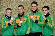 8 June 2013; Ireland's John Joe Nevin, second from left, and Jason Quigley, second from right, who won gold medals in the 56kg Bantamweight and 75Kg Middleweight divisions respectively, alongside Paddy Barnes, left, and Michael Conlan, right, who won silver medals in the 49Kg Light Flyweight and 52Kg Flyweight divisions respectively. EUBC European Men's Boxing Championships 2013, Minsk, Belarus. Picture credit: Paul Mohan / SPORTSFILE