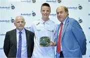 8 June 2013; Conor Quinn, St. Malachy's College, Belfast, Co.Antrim, is presented with his Under 18 Boy's International Cap by Ger Tarrant, I.A.C, left, and Gerry Kelly, President of Basketball Ireland. Basketball Ireland Annual Awards 2012/2013, National Basketball Arena, Tallaght, Dublin. Picture credit: Barry Cregg / SPORTSFILE
