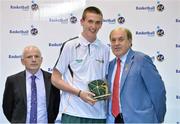 8 June 2013; Liam Pettigrew, St. Malachy's College, Belfast, Co.Antrim, is presented with his Under 18 Boy's International Cap by Ger Tarrant, I.A.C, left, and Gerry Kelly, President of Basketball Ireland. Basketball Ireland Annual Awards 2012/2013, National Basketball Arena, Tallaght, Dublin. Picture credit: Barry Cregg / SPORTSFILE