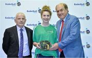 8 June 2013; Laura Rodgers, Mercy Mount Hawk, Co.Kerry, is presented with her Under 18 Girls International Cap by Ger Tarrant, I.A.C, left, and Gerry Kelly, President of Basketball Ireland. Basketball Ireland Annual Awards 2012/2013, National Basketball Arena, Tallaght, Dublin. Picture credit: Barry Cregg / SPORTSFILE