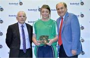 8 June 2013; Amy Waters, Brunell, Co.Cork, is presented with her Under 18 Girls International Cap by Ger Tarrant, I.A.C, left, and Gerry Kelly, President of Basketball Ireland. Basketball Ireland Annual Awards 2012/2013, National Basketball Arena, Tallaght, Dublin. Picture credit: Barry Cregg / SPORTSFILE