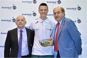8 June 2013; Aidan Quinn, St. Malach's College, Belfast, Co.Antrim, is presented with his Under 18 Boy's International Cap by Ger Tarrant, I.A.C, left, and Gerry Kelly, President of Basketball Ireland. Basketball Ireland Annual Awards 2012/2013, National Basketball Arena, Tallaght, Dublin. Picture credit: Barry Cregg / SPORTSFILE