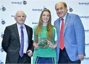 8 June 2013; Claire Leavey, Waterford Wildcats, Co.Waterford, is presented with her International Cap by Ger Tarrant, I.A.C, left, and Gerry Kelly, President of Basketball Ireland. Basketball Ireland Annual Awards 2012/2013, National Basketball Arena, Tallaght, Dublin. Picture credit: Barry Cregg / SPORTSFILE