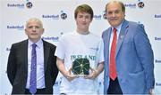 8 June 2013; Liam Harris, Douglas Community School, Cork, receives his Under 16 Boy's International Cap by Ger Tarrant, I.A.C, left, and Gerry Kelly, President of Basketball Ireland. Basketball Ireland Annual Awards 2012/2013, National Basketball Arena, Tallaght, Dublin. Picture credit: Barry Cregg / SPORTSFILE