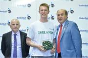 8 June 2013; Jack O'Mahony, Douglas Community School, Cork, receives his Under 16 Boy's International Cap by Ger Tarrant, I.A.C, left, and Gerry Kelly, President of Basketball Ireland. Basketball Ireland Annual Awards 2012/2013, National Basketball Arena, Tallaght, Dublin. Picture credit: Barry Cregg / SPORTSFILE