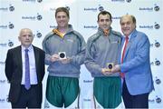 8 June 2013; Paul Kelleher, left, Head Coach, and Eoin Chubb, right, Team Manager Ireland Under 16 Boy's receive their medals from Ger Tarrant, I.A.C, left, and Gerry Kelly, President of Basketball Ireland. Basketball Ireland Annual Awards 2012/2013, National Basketball Arena, Tallaght, Dublin. Picture credit: Barry Cregg / SPORTSFILE