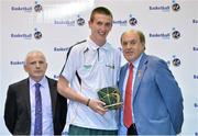 8 June 2013; Liam Pettigrew, St. Malachy's College, Belfast, Co. Antrim, is presented with his Under 18 Boy's International Cap by Ger Tarrant, I.A.C, left, and Gerry Kelly, President of Basketball Ireland. Basketball Ireland Annual Awards 2012/2013, National Basketball Arena, Tallaght, Dublin. Picture credit: Barry Cregg / SPORTSFILE