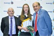 8 June 2013; Aoife Tiernan, Kildare, is presented with her Under 16 Girl's International Cap by Ger Tarrant, I.A.C, left, and Gerry Kelly, President of Basketball Ireland. Basketball Ireland Annual Awards 2012/2013, National Basketball Arena, Tallaght, Dublin. Picture credit: Barry Cregg / SPORTSFILE