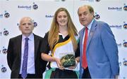 8 June 2013; Liadán Tobin Schnittger, Dublin, is presented with her Under 16 Girl's International Cap by Ger Tarrant, I.A.C, left, and Gerry Kelly, President of Basketball Ireland. Basketball Ireland Annual Awards 2012/2013, National Basketball Arena, Tallaght, Dublin. Picture credit: Barry Cregg / SPORTSFILE