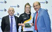 8 June 2013; Olivia Dupuy, Cork, is presented with her Under 16 Girl's International Cap by Ger Tarrant, I.A.C, left, and Gerry Kelly, President of Basketball Ireland. Basketball Ireland Annual Awards 2012/2013, National Basketball Arena, Tallaght, Dublin. Picture credit: Barry Cregg / SPORTSFILE