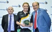 8 June 2013; Shannen Holbrook, Kildare, is presented with her Under 16 Girl's International Cap by Ger Tarrant, I.A.C, left, and Gerry Kelly, President of Basketball Ireland. Basketball Ireland Annual Awards 2012/2013, National Basketball Arena, Tallaght, Dublin. Picture credit: Barry Cregg / SPORTSFILE