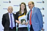 8 June 2013; Aisling McCann, Dublin, is presented with her Under 16 Girl's International Cap by Ger Tarrant, I.A.C, left, and Gerry Kelly, President of Basketball Ireland. Basketball Ireland Annual Awards 2012/2013, National Basketball Arena, Tallaght, Dublin. Picture credit: Barry Cregg / SPORTSFILE