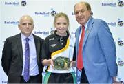 8 June 2013; Sarah Phelan, Laois, is presented with her Under 16 Girl's International Cap by Ger Tarrant, I.A.C, left, and Gerry Kelly, President of Basketball Ireland. Basketball Ireland Annual Awards 2012/2013, National Basketball Arena, Tallaght, Dublin. Picture credit: Barry Cregg / SPORTSFILE