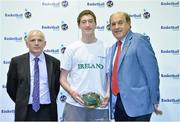 8 June 2013; Adam Ryan, St. Mallachy's Belfast, Co. Antrim, receives his Under 16 Boy's International Cap by Ger Tarrant, I.A.C, left, and Gerry Kelly, President of Basketball Ireland. Basketball Ireland Annual Awards 2012/2013, National Basketball Arena, Tallaght, Dublin. Picture credit: Barry Cregg / SPORTSFILE