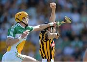 9 June 2013; Conor Fogarty, Kilkenny, in action against Colin Egan, Offaly. Leinster GAA Hurling Senior Championship Quarter-Final, Offaly v Kilkenny, O'Connor Park, Tullamore, Co. Offaly. Picture credit: Brian Lawless / SPORTSFILE